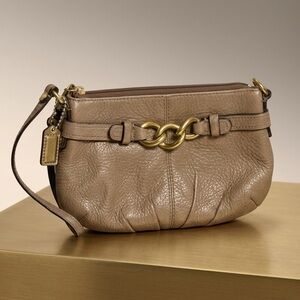 Coach Madison Leather Pleated Wristlet - Taupe / Gold Chain Link